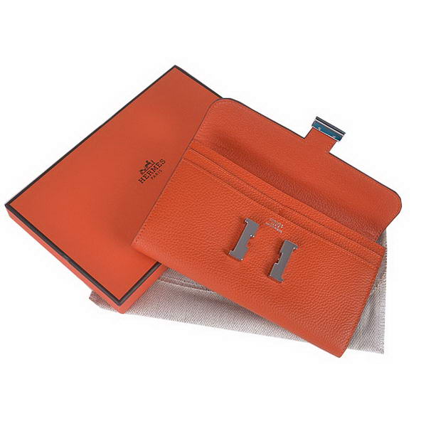 Cheap Fake Hermes Constance Long Wallets Orange Calfskin Leather Silver